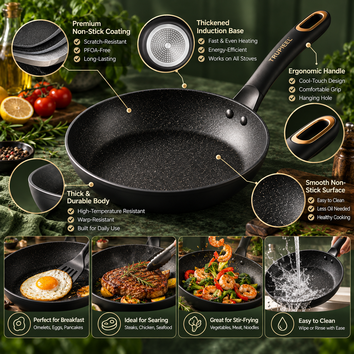 š§” TRUPIEELĀ® SearLuxe Pro Non-Stick Frying Pan ā Rapid Even Heating, Heat-Resistant Cookware with Ergonomic Cool-Touch Handle for Omelets, Steaks, Vegetables & Everyday Home Cooking