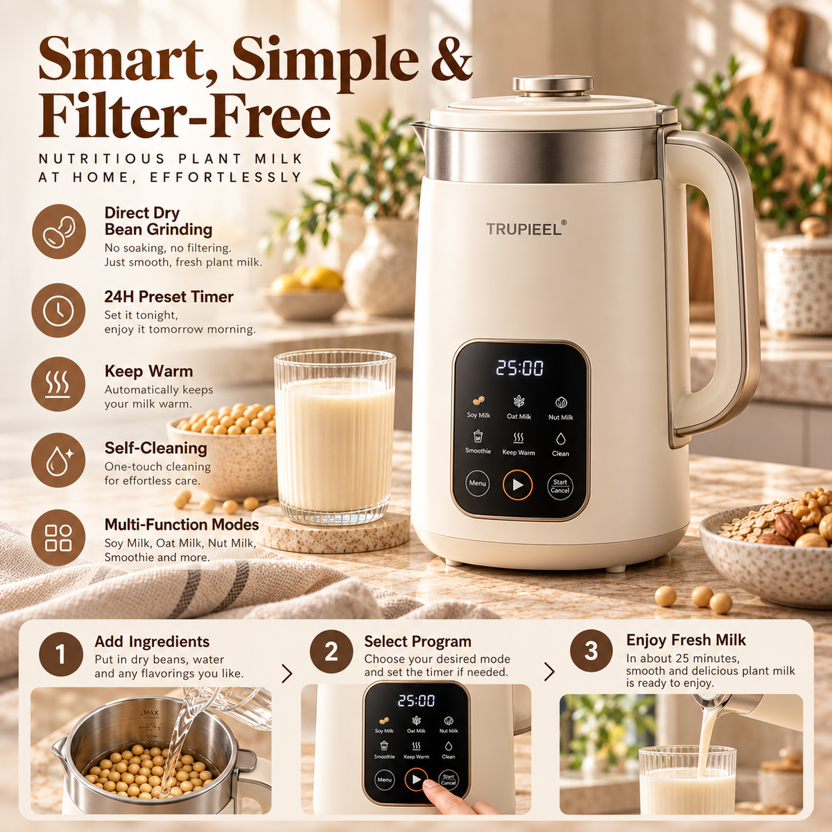 ✨ TRUPIEEL® SoyWhisper Pro Smart Soy Milk Maker – Quiet Filter-Free Dry Bean Blender with Direct Grinding, 24H Preset Timer, Keep-Warm, Self-Cleaning & Multi-Function Plant Milk Processing