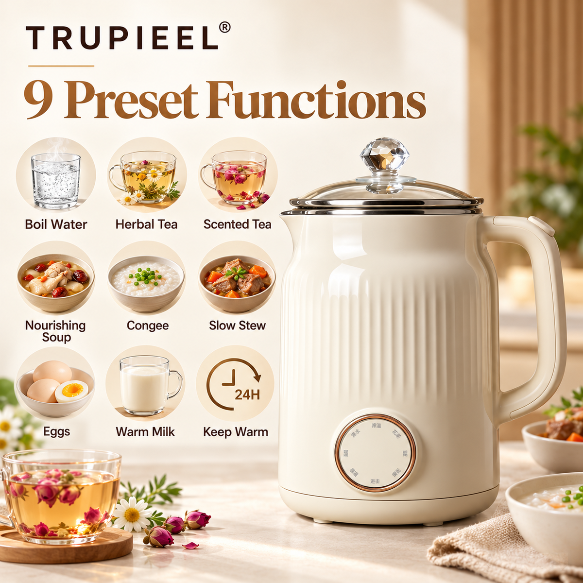 🌻 TRUPIEEL® VitaBrew 9-in-1 Smart Wellness Pot – Precision Heating, 24H Keep-Warm, Anti-Dry-Burn Safety & Multi-Mode Brewing for Herbal Tea, Soup, Congee, Milk and Everyday Nourishment