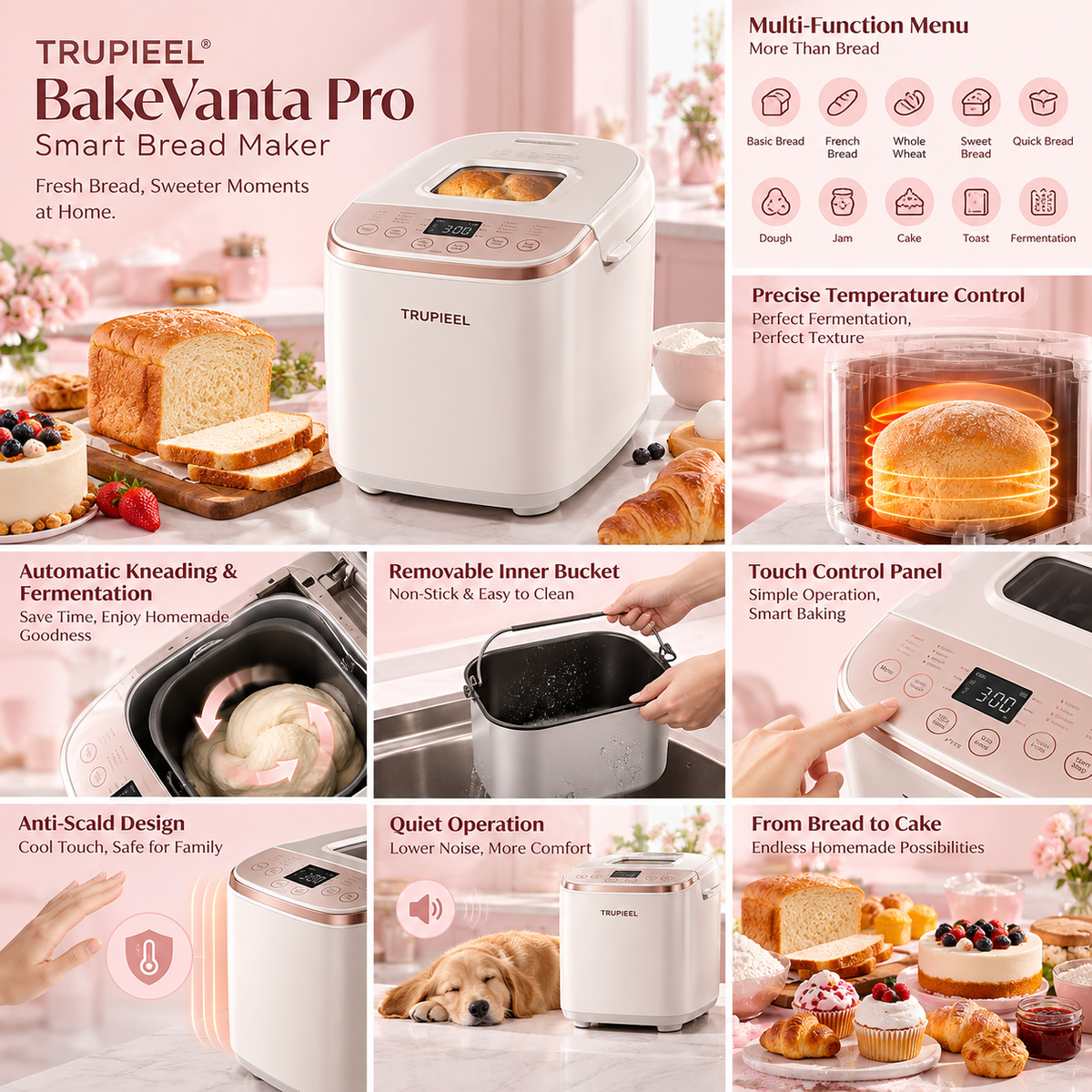 TRUPIEEL 🍞 TRUPIEEL® BakeVanta Pro Smart Bread Maker – Precision Fermentation, Intelligent Temperature Control, Quiet Automatic Kneading & Baking, Removable Easy-Clean Bread Pan for Bread, Toast & Cake