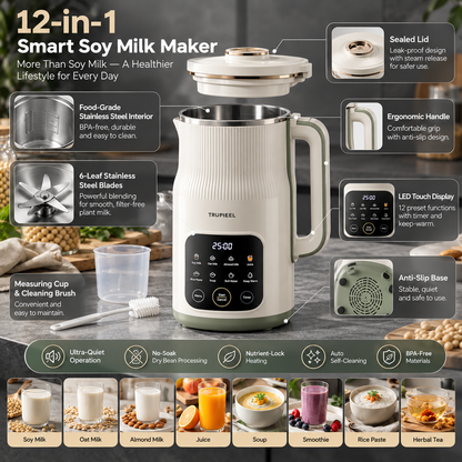 ✨ TRUPIEEL® NutriSilk Pro 12-in-1 Smart Soy Milk Maker – Ultra-Quiet No-Soak Dry Bean Blending, Nutrient-Lock Heating, BPA-Free Design, Auto Self-Cleaning & Multi-Function Plant Milk System