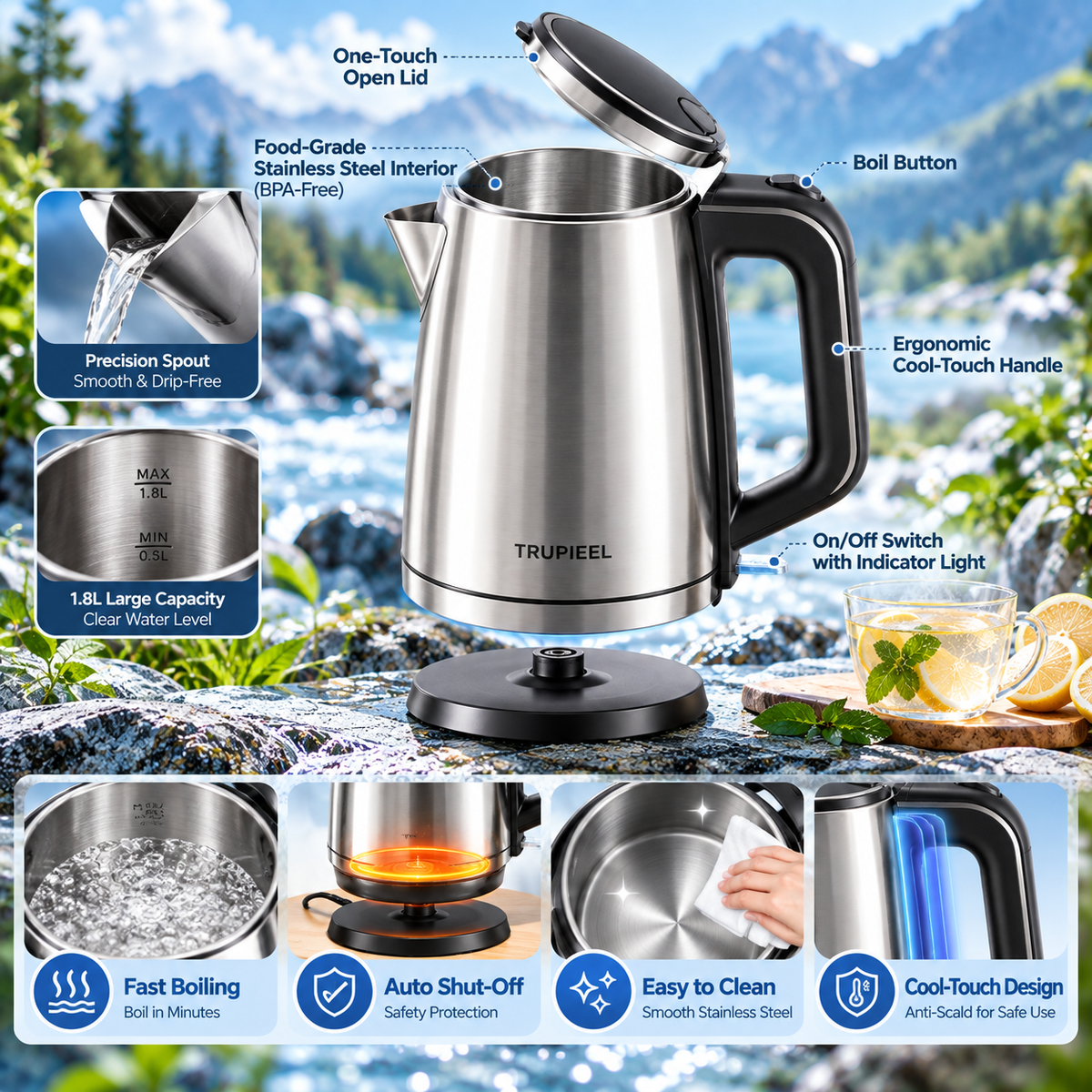 🥛 TRUPIEEL® ThermoVanta Pro 1.8L Stainless Steel Electric Kettle – Rapid Boil, Auto Shut-Off, Dry-Boil Protection, Keep-Warm, Cool-Touch Anti-Scald Design & Quiet Easy-Clean Performance