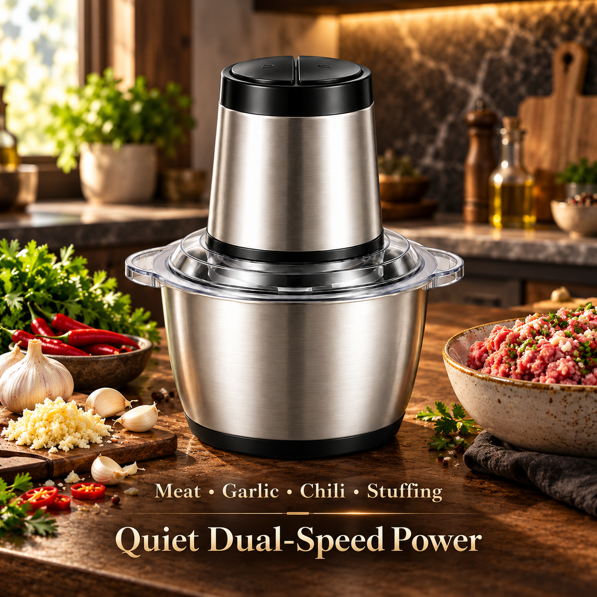 ⚙️ TRUPIEEL® GrindPro Max Silent Dual-Speed Food Grinder – Stainless Steel Meat Mincer & Chopper with Easy-Release Bowl, Anti-Pinch Safety Design for Meat, Garlic, Chili & Everyday Food Prep 🥩✨