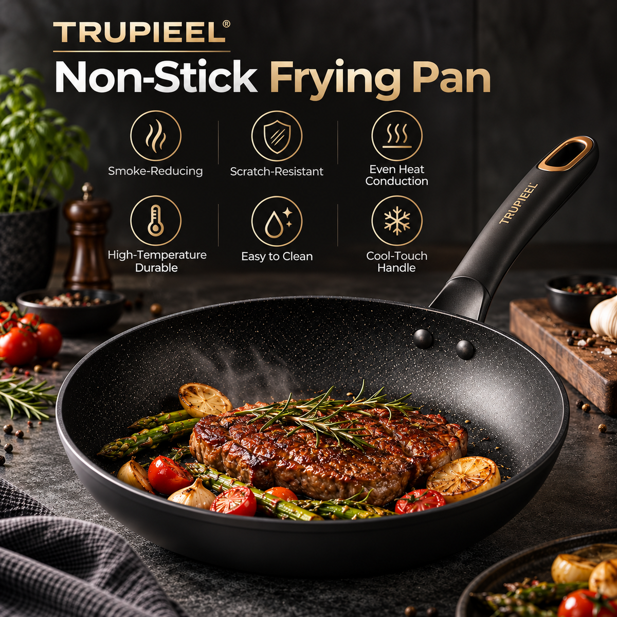 🍳 TRUPIEEL® SearVanta Pro Non-Stick Frying Pan – Smoke-Reducing Scratch-Resistant Cookware with Rapid Even Heating, High-Temperature Durability & Cool-Touch Handle for Frying, Stir-Frying and Searing