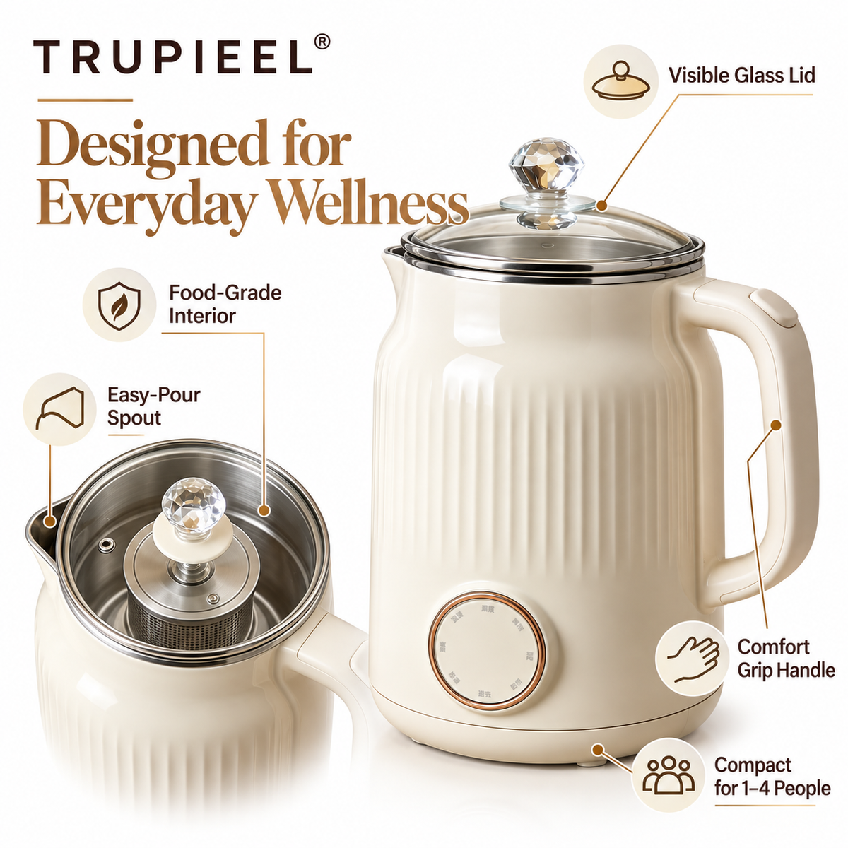 🌻 TRUPIEEL® VitaBrew 9-in-1 Smart Wellness Pot – Precision Heating, 24H Keep-Warm, Anti-Dry-Burn Safety & Multi-Mode Brewing for Herbal Tea, Soup, Congee, Milk and Everyday Nourishment
