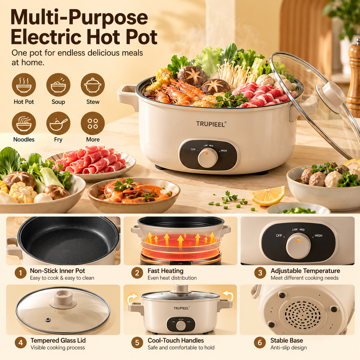 TRUPIEEL 🥑✨ TRUPIEEL® HeatNest Pro Multi-Purpose Electric Hot Pot – Fast Heating, Adjustable Temperature, Non-Stick Cooking Pot for Hot Pot, Soup, Stew, Noodles & Everyday Family Meals 🌟