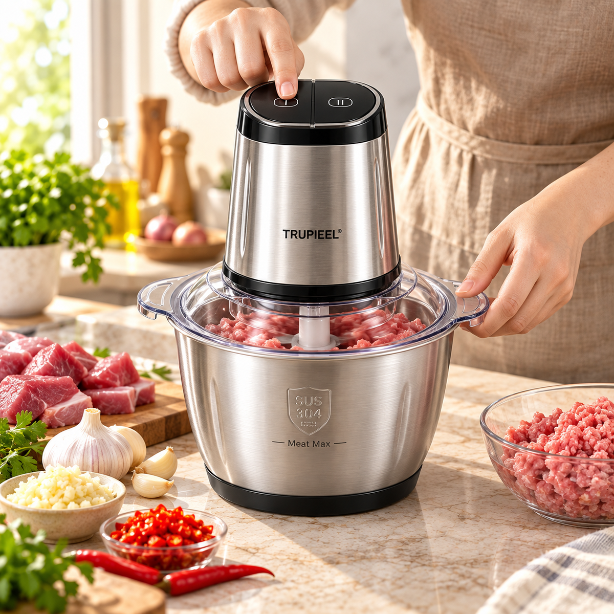 ⚙️ TRUPIEEL® GrindPro Max Silent Dual-Speed Food Grinder – Stainless Steel Meat Mincer & Chopper with Easy-Release Bowl, Anti-Pinch Safety Design for Meat, Garlic, Chili & Everyday Food Prep 🥩✨