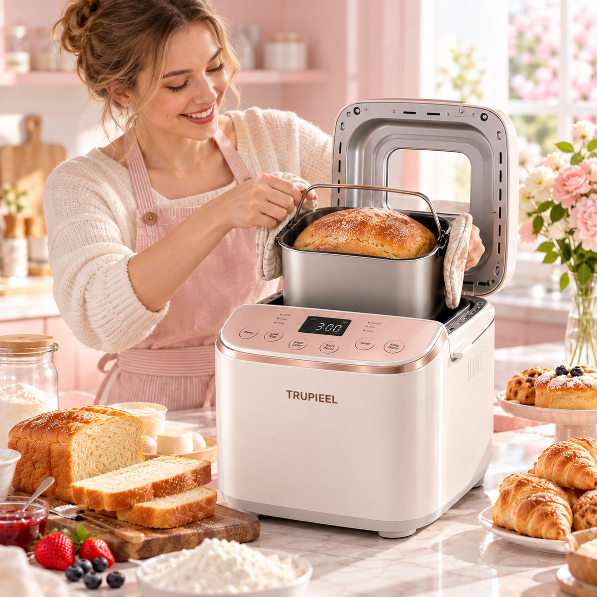 TRUPIEEL 🍞 TRUPIEEL® BakeVanta Pro Smart Bread Maker – Precision Fermentation, Intelligent Temperature Control, Quiet Automatic Kneading & Baking, Removable Easy-Clean Bread Pan for Bread, Toast & Cake